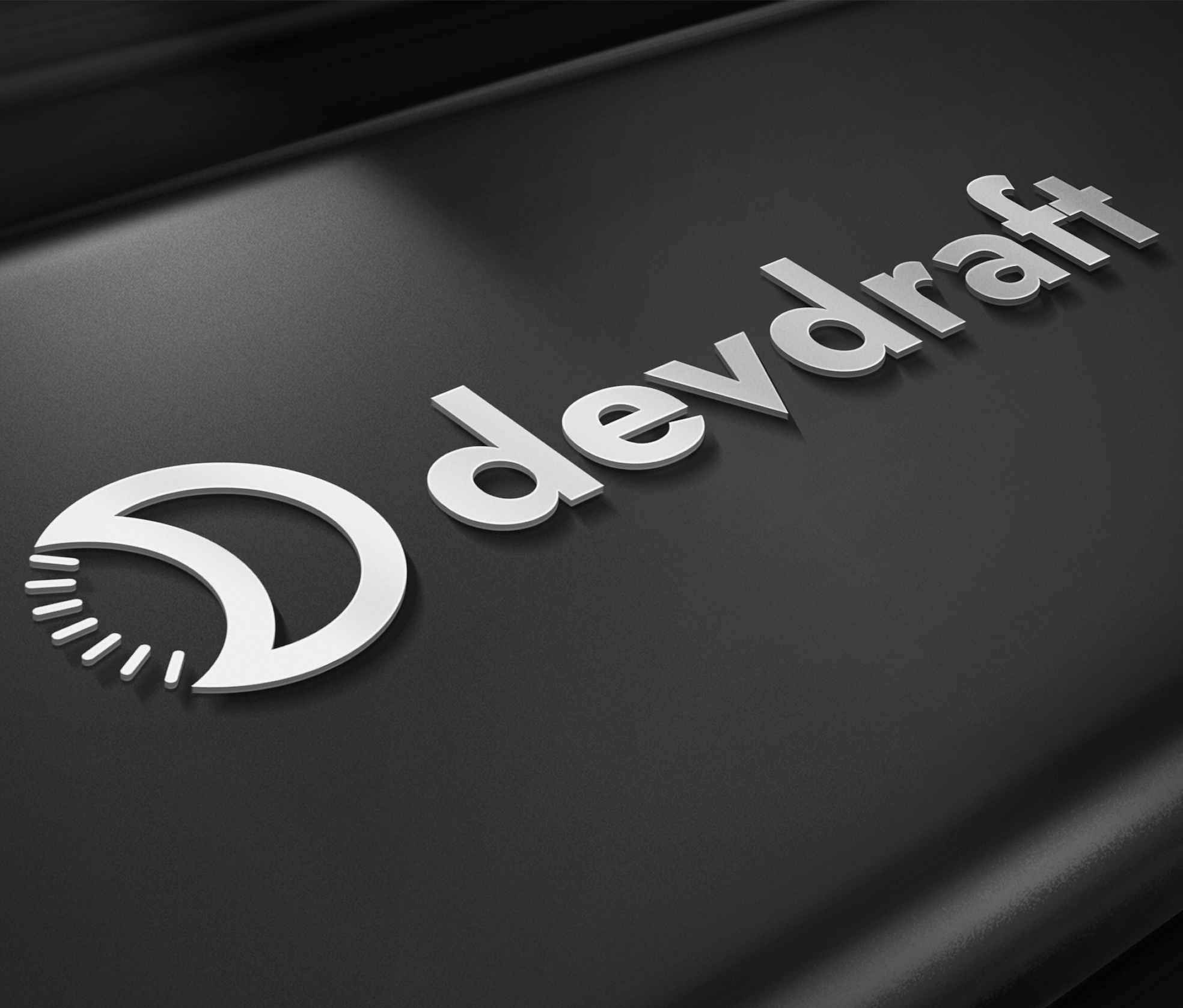 Devdraft brand mark displayed on a sculpted surface