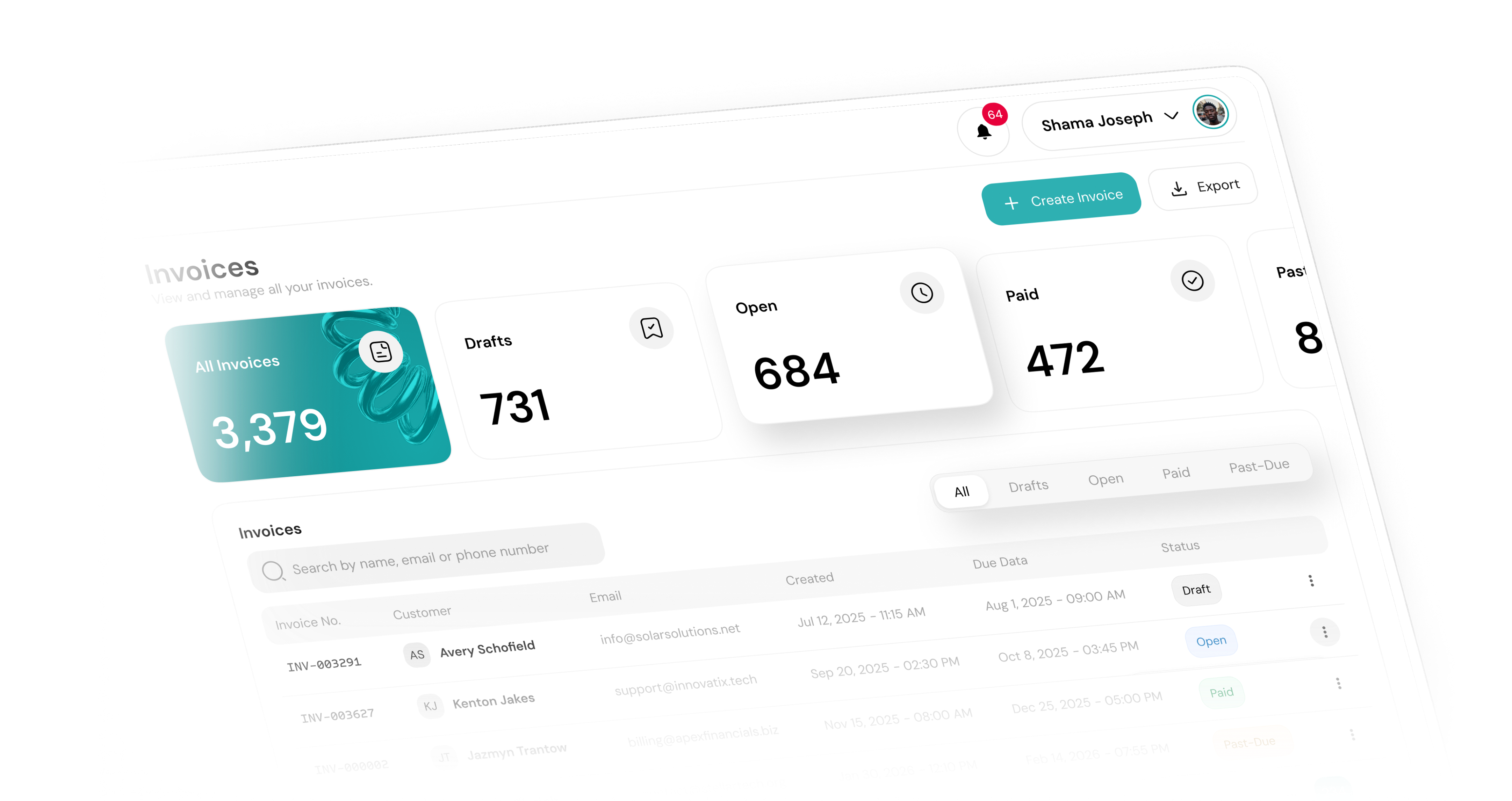 Invoice dashboard showing all invoices, drafts, open, paid, and past-due