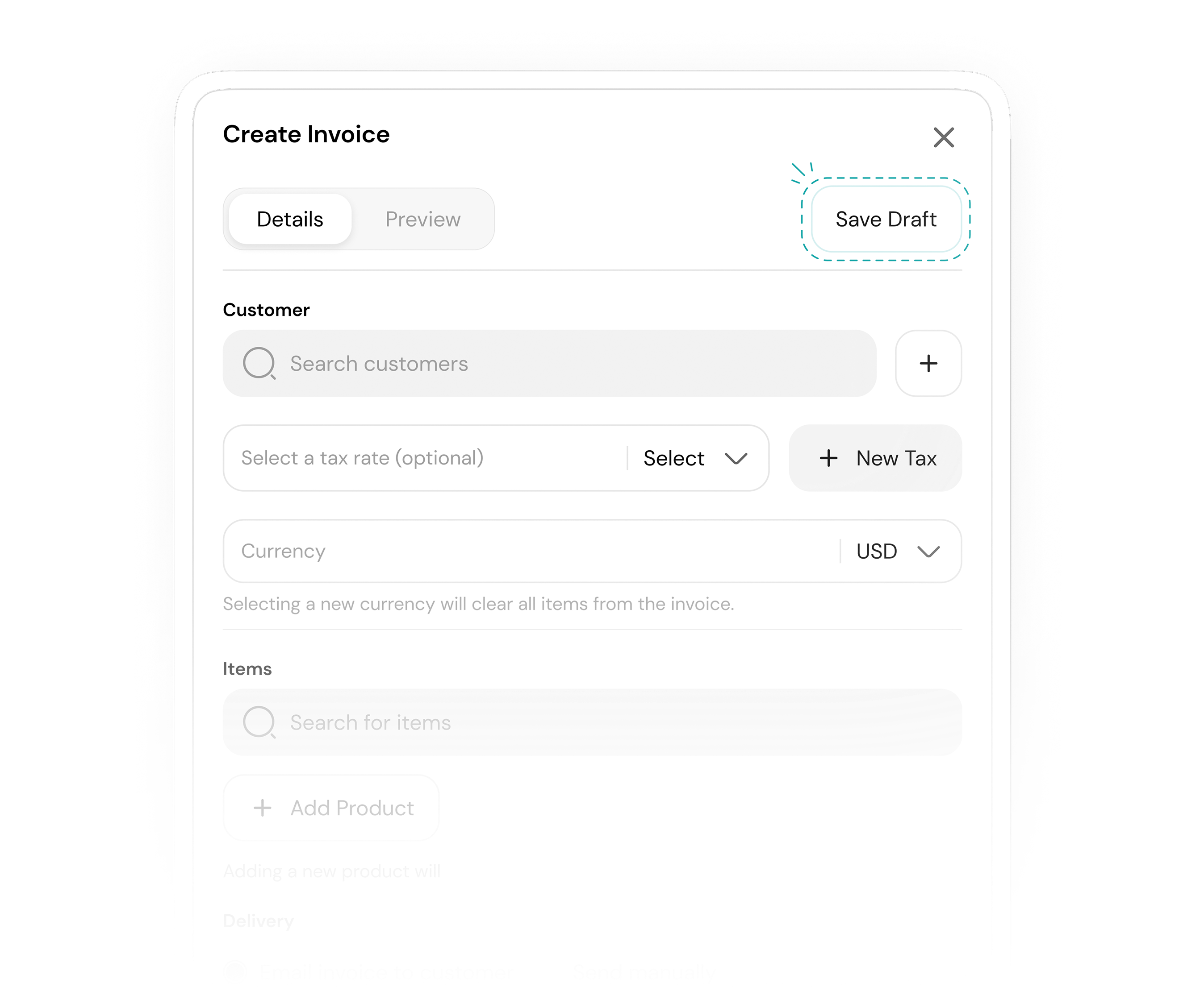 Advanced invoice creation modal