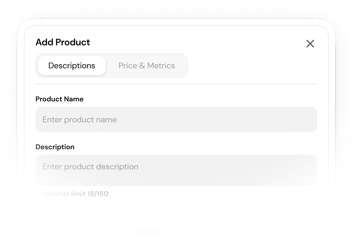 Single products creation interface